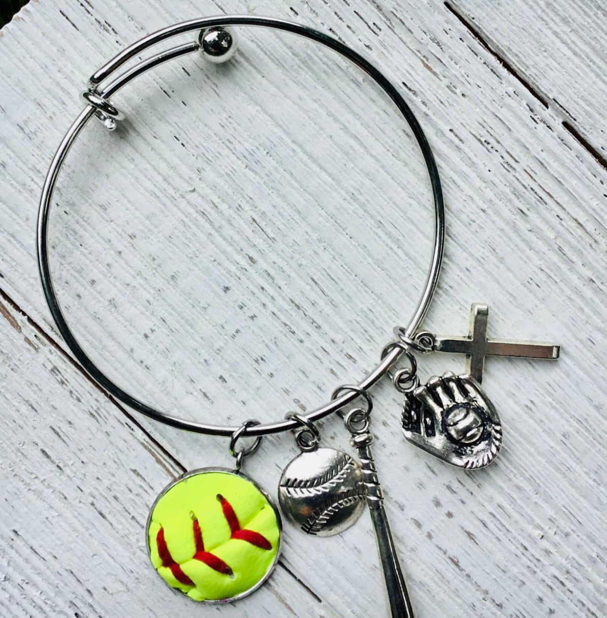 Custom Baseball/Softball Bangle Bracelet with Four Charm Selections