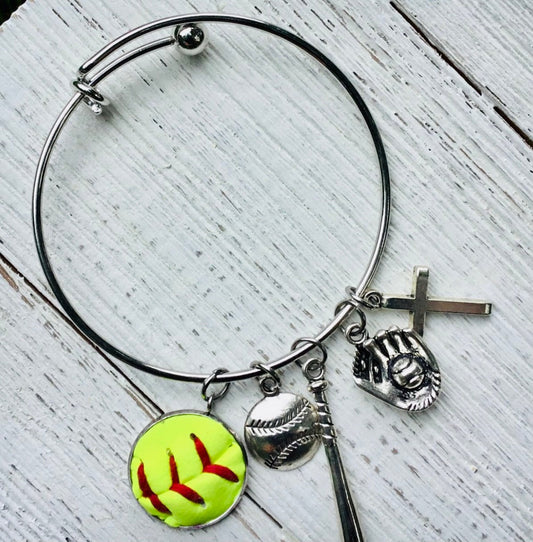 Custom Baseball/Softball Bangle Bracelet with Four Charm Selections