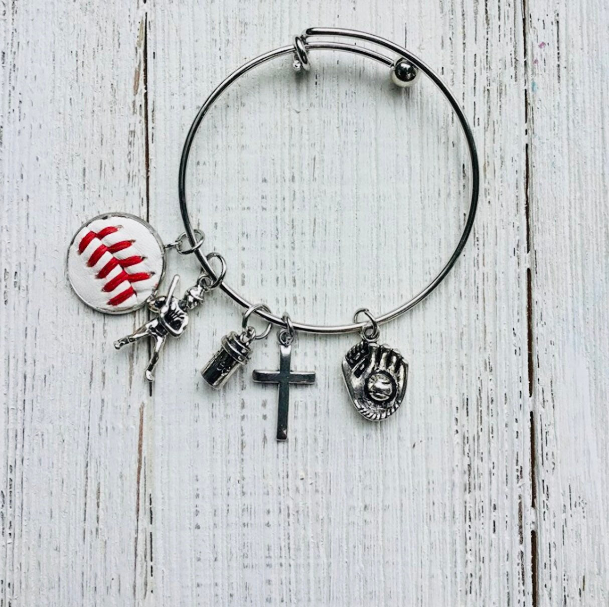 Custom Baseball/Softball Bangle Bracelet with Four Charm Selections